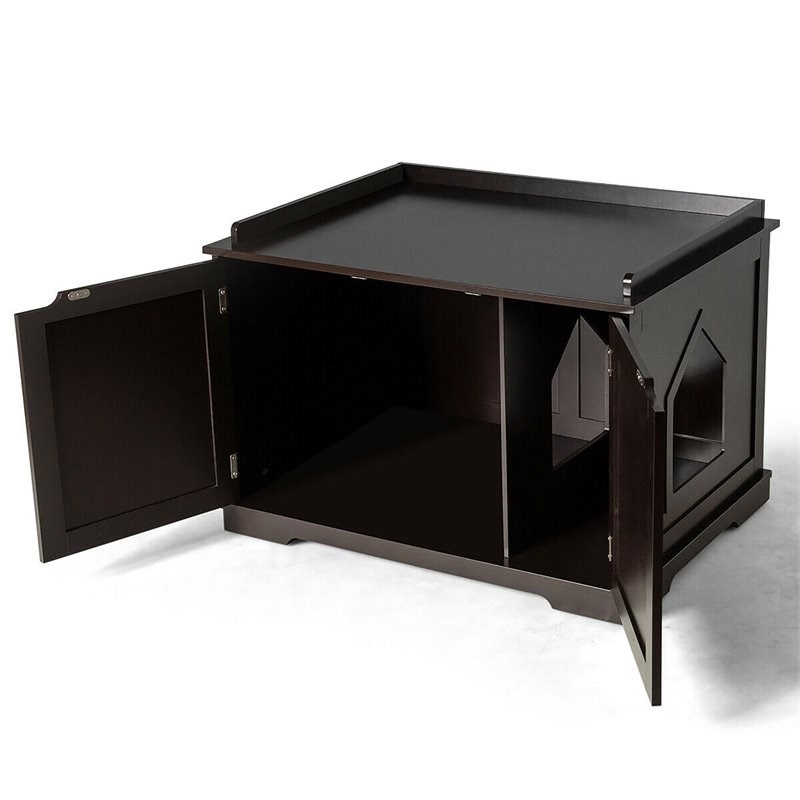 Pemberly Row Cabinet Furniture Storage Bench and Cat Litter Box in Black