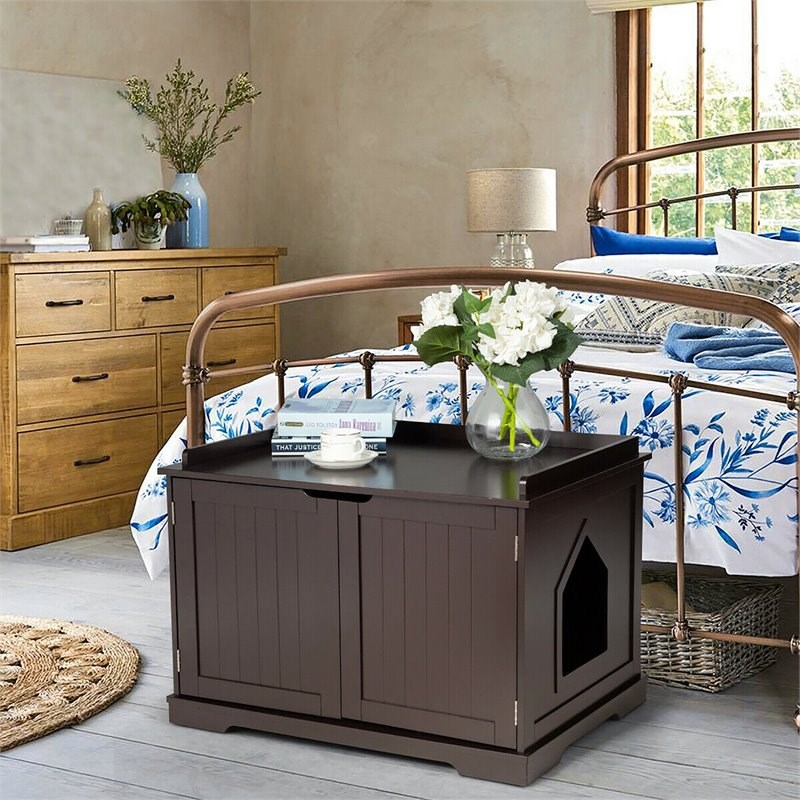 Pemberly Row Cabinet Furniture Storage Bench and Cat Litter Box in Black