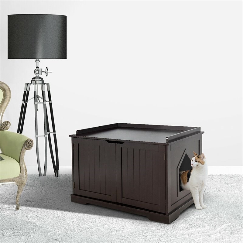 Pemberly Row Cabinet Furniture Storage Bench and Cat Litter Box in Black