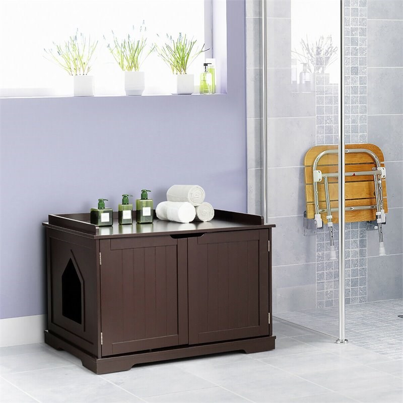 Pemberly Row Cabinet Furniture Storage Bench and Cat Litter Box in Black