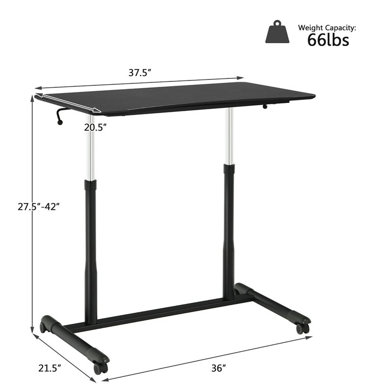 Pemberly Row Contemporary Wood Adjustable Height Rolling Computer Desk in Black
