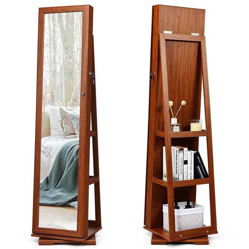 Pemberly Row 2-in-1 Rotatable Jewelry Cabinet/Lockable Mirrored Organizer-Brown