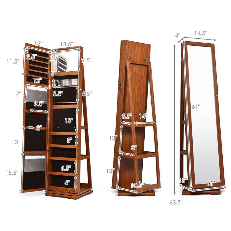 Pemberly Row 2-in-1 Rotatable Jewelry Cabinet/Lockable Mirrored Organizer-Brown