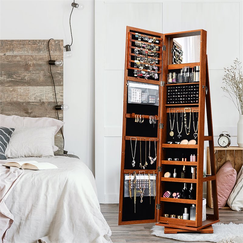 Pemberly Row 2-in-1 Rotatable Jewelry Cabinet/Lockable Mirrored Organizer-Brown
