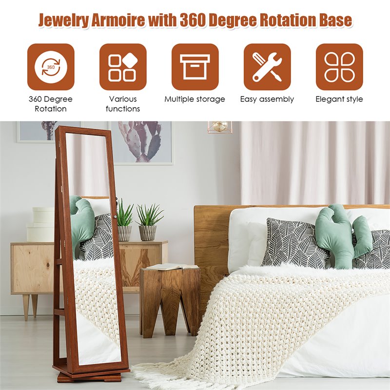 Pemberly Row 2-in-1 Rotatable Jewelry Cabinet/Lockable Mirrored Organizer-Brown
