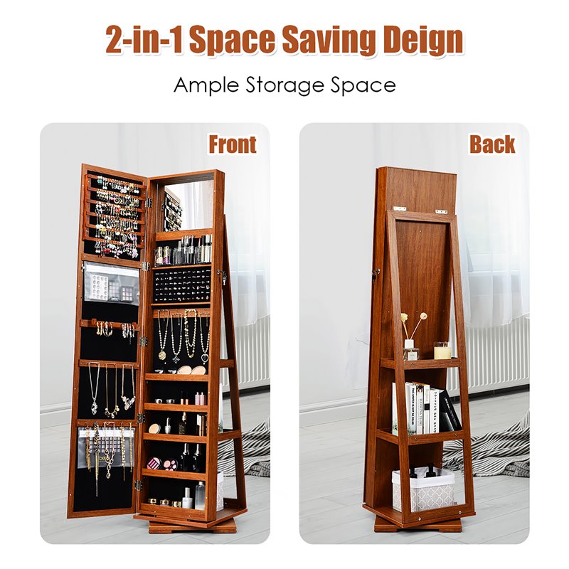 Pemberly Row 2-in-1 Rotatable Jewelry Cabinet/Lockable Mirrored Organizer-Brown