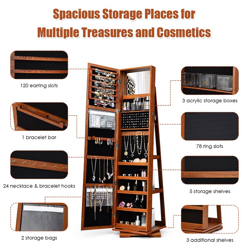 Pemberly Row 2-in-1 Rotatable Jewelry Cabinet/Lockable Mirrored Organizer-Brown