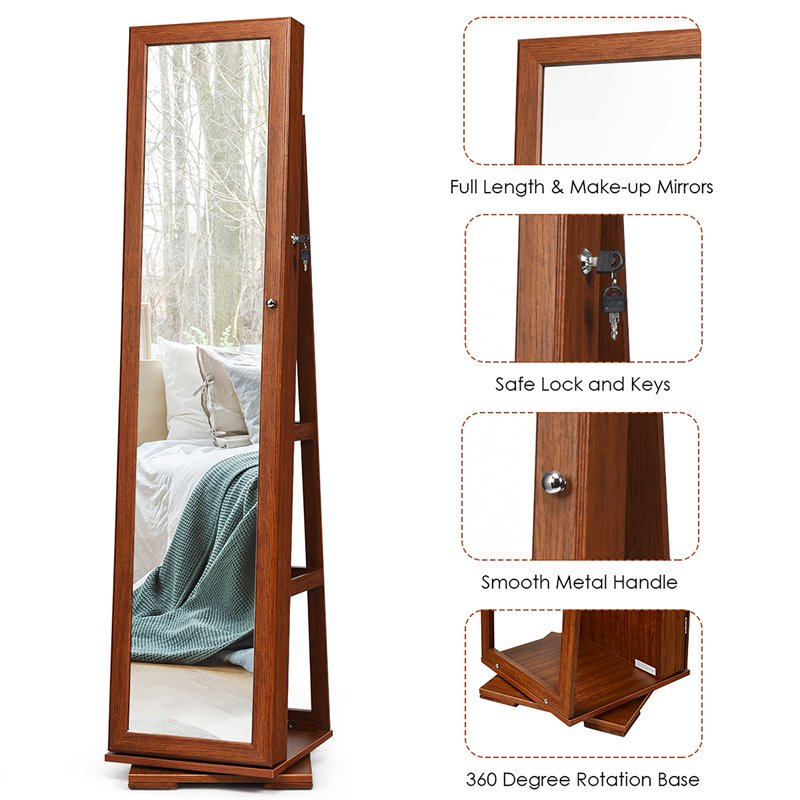 Pemberly Row 2-in-1 Rotatable Jewelry Cabinet/Lockable Mirrored Organizer-Brown