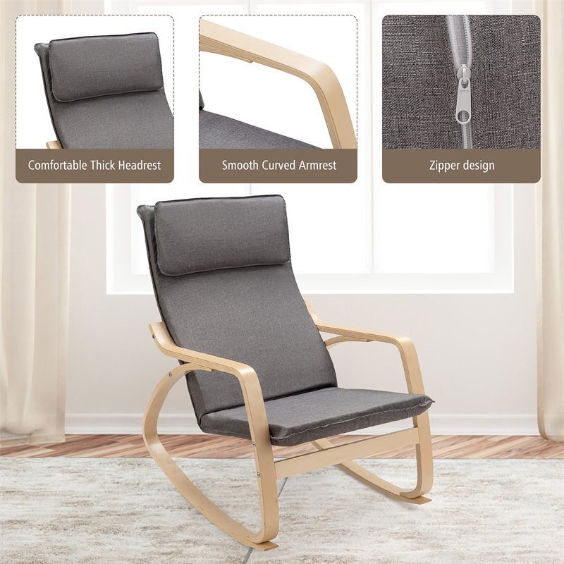 Pemberly Row Bentwood Fabric Upholstered Relax Lounge Rocking Chair in Gray