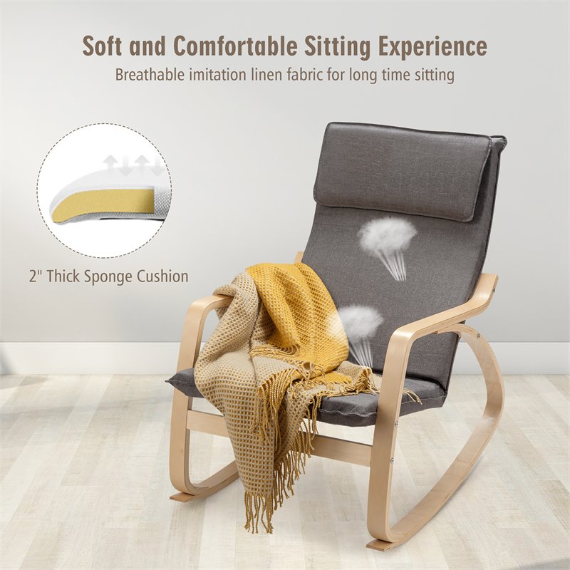 Pemberly Row Bentwood Fabric Upholstered Relax Lounge Rocking Chair in Gray