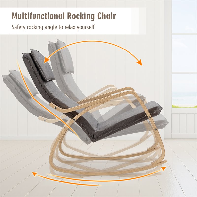 Pemberly Row Bentwood Fabric Upholstered Relax Lounge Rocking Chair in Gray