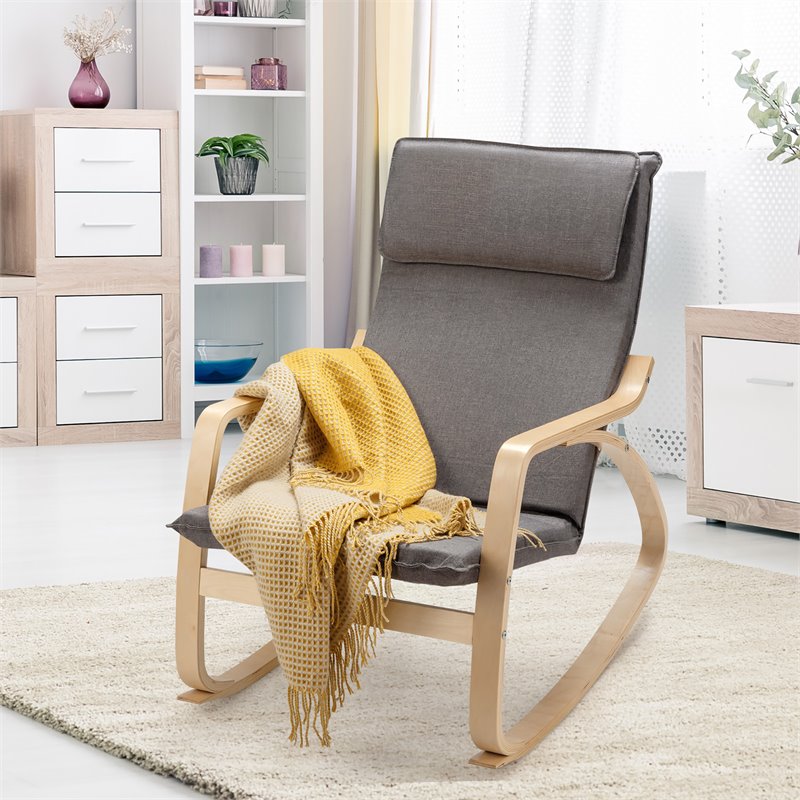 Pemberly Row Bentwood Fabric Upholstered Relax Lounge Rocking Chair in Gray
