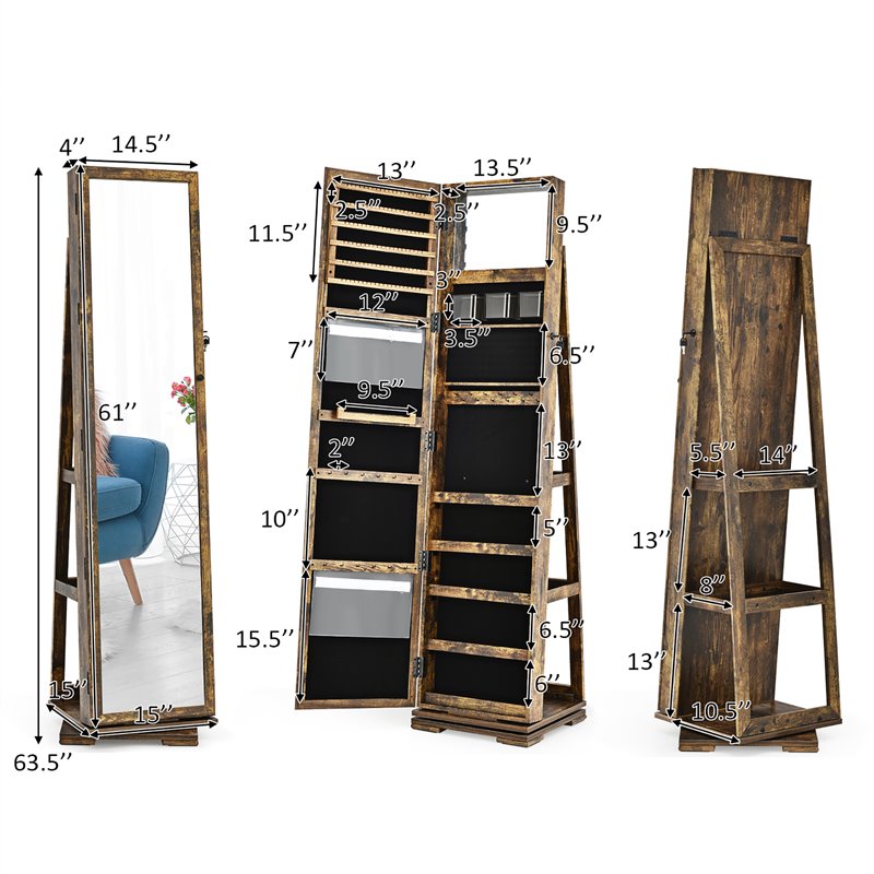 Pemberly Row 2-in-1 Rotatable Jewelry Cabinet/Lockable Mirrored Organizer-Coffee