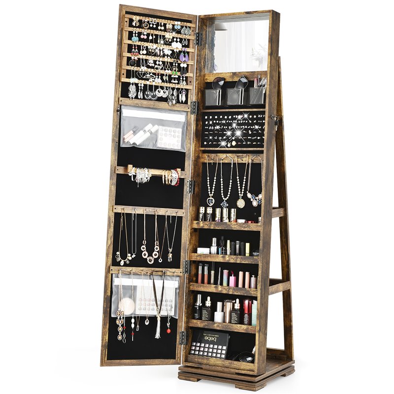 Pemberly Row 2-in-1 Rotatable Jewelry Cabinet/Lockable Mirrored Organizer-Coffee