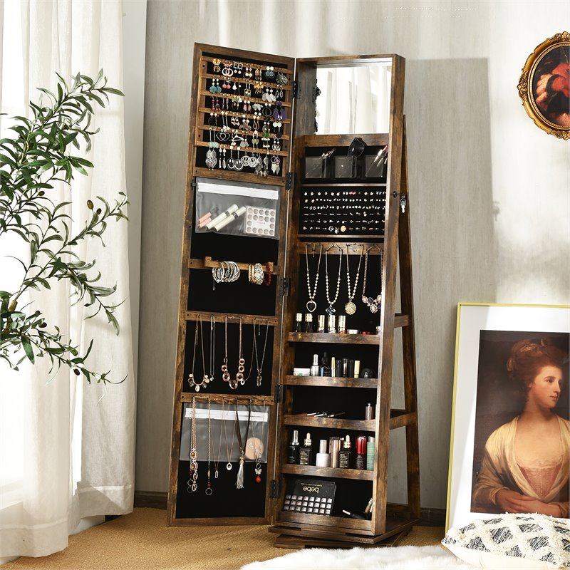 Pemberly Row 2-in-1 Rotatable Jewelry Cabinet/Lockable Mirrored Organizer-Coffee