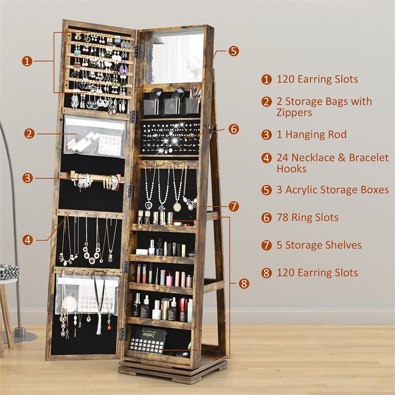 Pemberly Row 2-in-1 Rotatable Jewelry Cabinet/Lockable Mirrored Organizer-Coffee