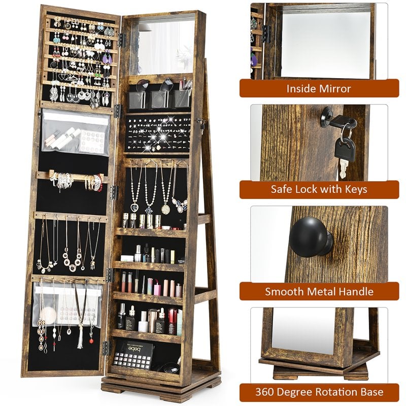 Pemberly Row 2-in-1 Rotatable Jewelry Cabinet/Lockable Mirrored Organizer-Coffee