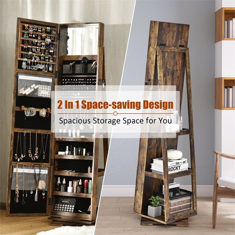 Pemberly Row 2-in-1 Rotatable Jewelry Cabinet/Lockable Mirrored Organizer-Coffee