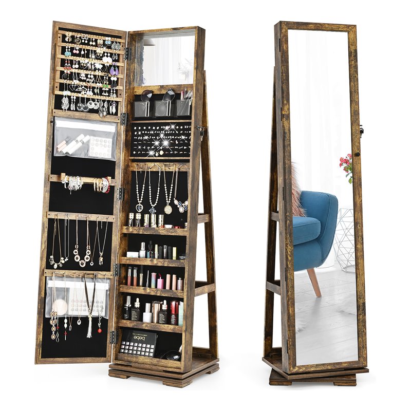 Pemberly Row 2-in-1 Rotatable Jewelry Cabinet/Lockable Mirrored Organizer-Coffee