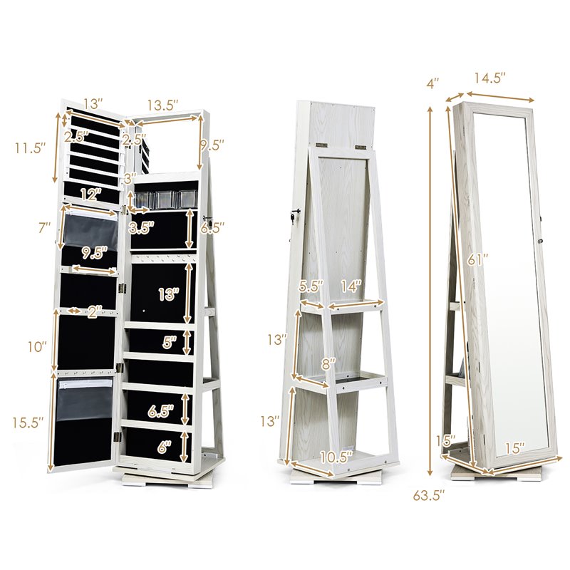 Pemberly Row 2-in-1 Rotatable Jewelry Cabinet/Lockable Mirrored Organizer-White