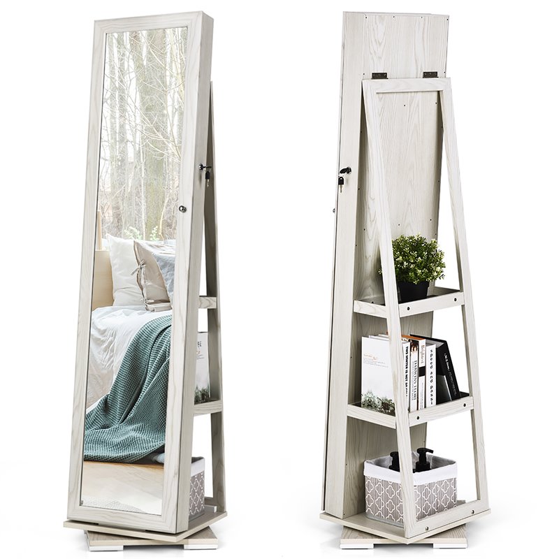 Pemberly Row 2-in-1 Rotatable Jewelry Cabinet/Lockable Mirrored Organizer-White