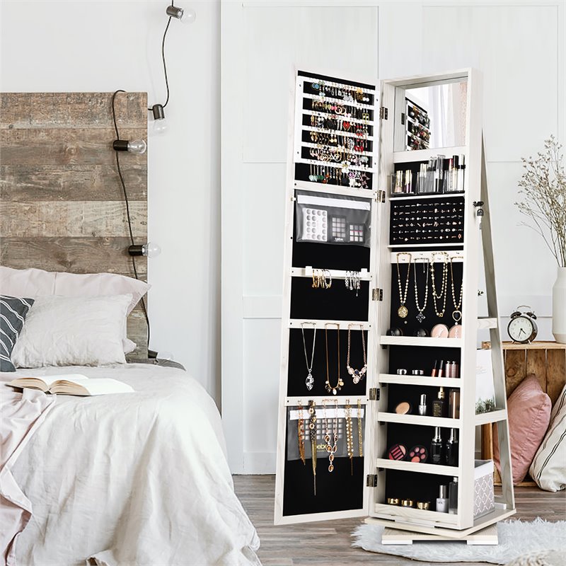 Pemberly Row 2-in-1 Rotatable Jewelry Cabinet/Lockable Mirrored Organizer-White