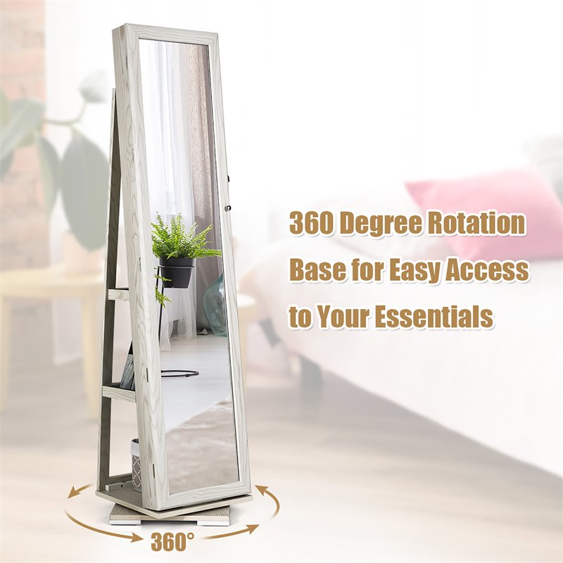 Pemberly Row 2-in-1 Rotatable Jewelry Cabinet/Lockable Mirrored Organizer-White