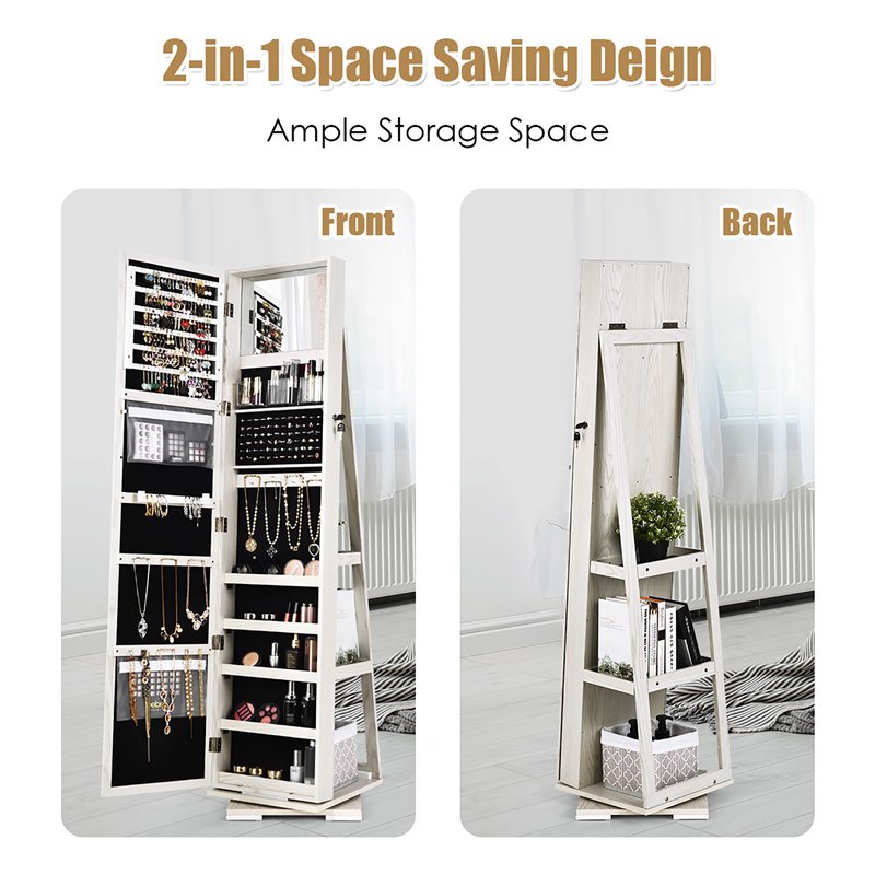 Pemberly Row 2-in-1 Rotatable Jewelry Cabinet/Lockable Mirrored Organizer-White