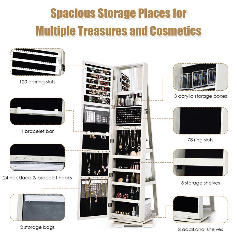 Pemberly Row 2-in-1 Rotatable Jewelry Cabinet/Lockable Mirrored Organizer-White