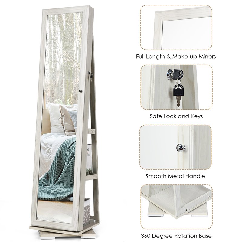 Pemberly Row 2-in-1 Rotatable Jewelry Cabinet/Lockable Mirrored Organizer-White