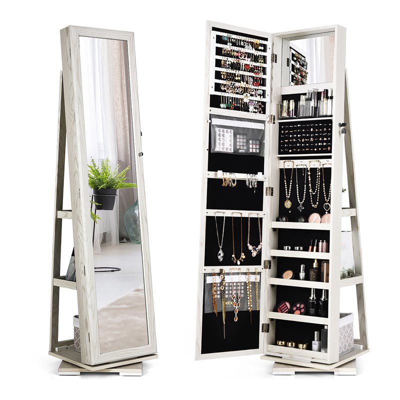Pemberly Row 2-in-1 Rotatable Jewelry Cabinet/Lockable Mirrored Organizer-White