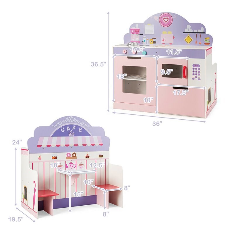 Pemberly Row 2-in-1 Kid Kitchen/Cafe Restaurant Pretend Cooking Playset Toy-Pink