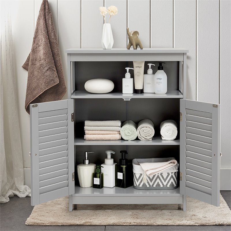 Pemberly Row Wood Bathroom Storage Floor Cabinet w/ Double Shutter Door in Gray