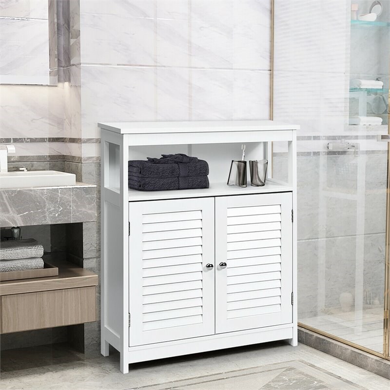 Pemberly Row Wood Bathroom Storage Floor Cabinet w/ Double Shutter Door in White