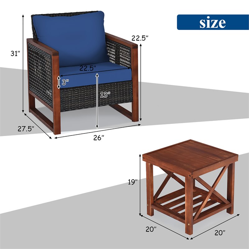Pemberly Row 3-piece Rattan Patio Wicker Furniture Set with Square Table in Navy