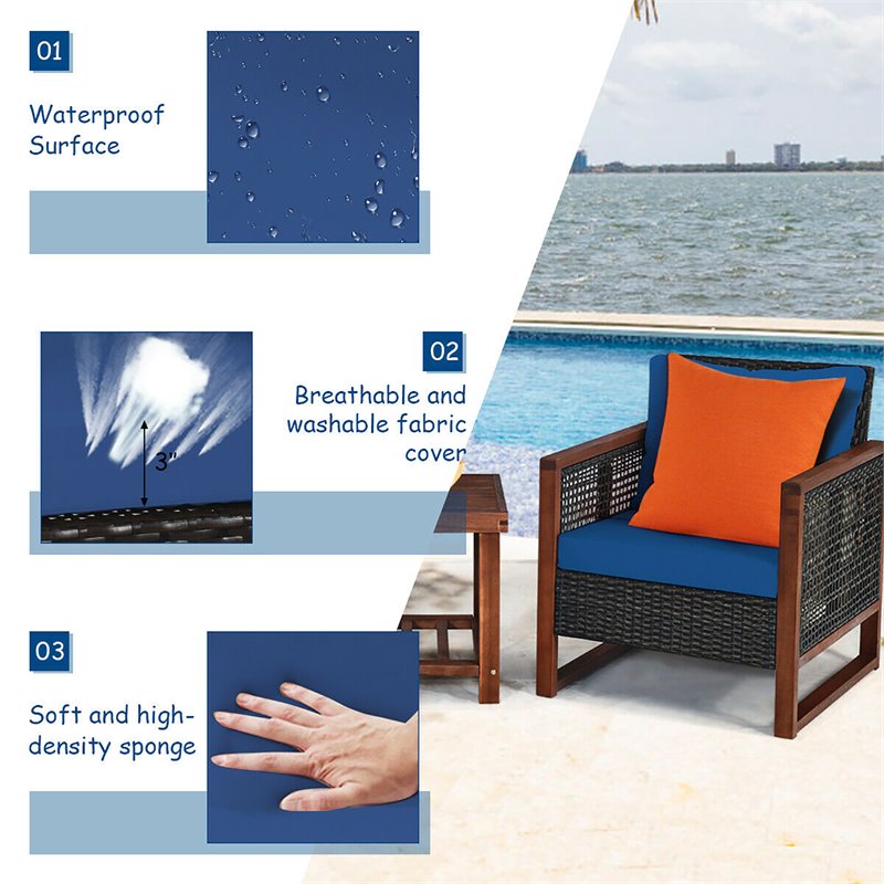 Pemberly Row 3-piece Rattan Patio Wicker Furniture Set with Square Table in Navy