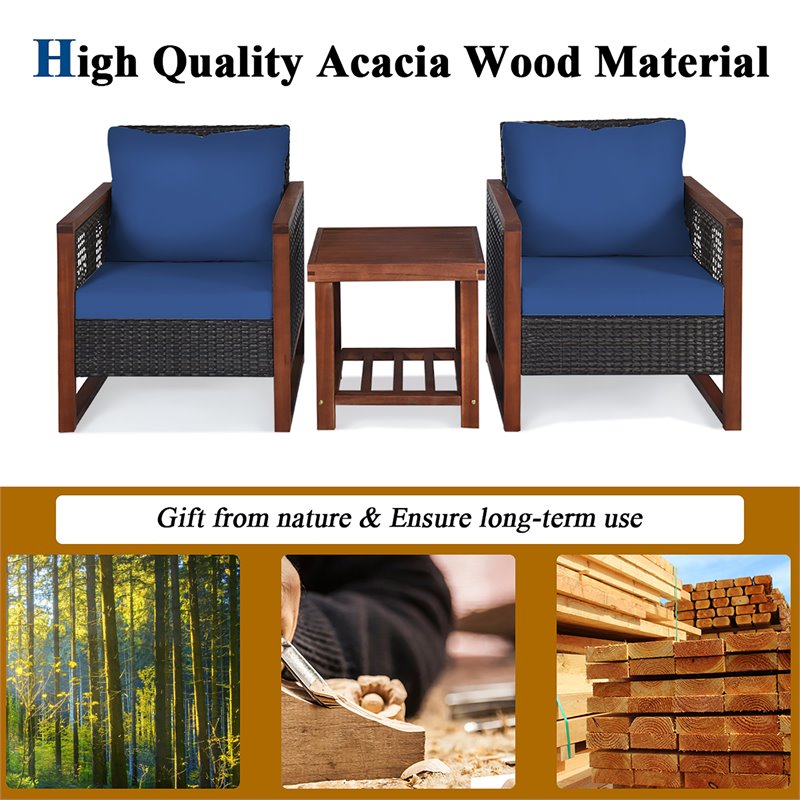 Pemberly Row 3-piece Rattan Patio Wicker Furniture Set with Square Table in Navy