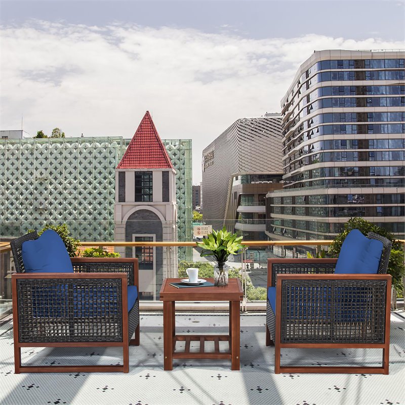 Pemberly Row 3-piece Rattan Patio Wicker Furniture Set with Square Table in Navy