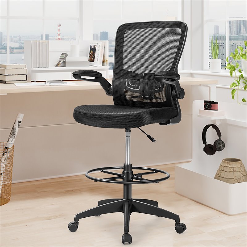 Pemberly Row Sponge Adjustable Height Drafting Chair w/ Lumbar Support in Black