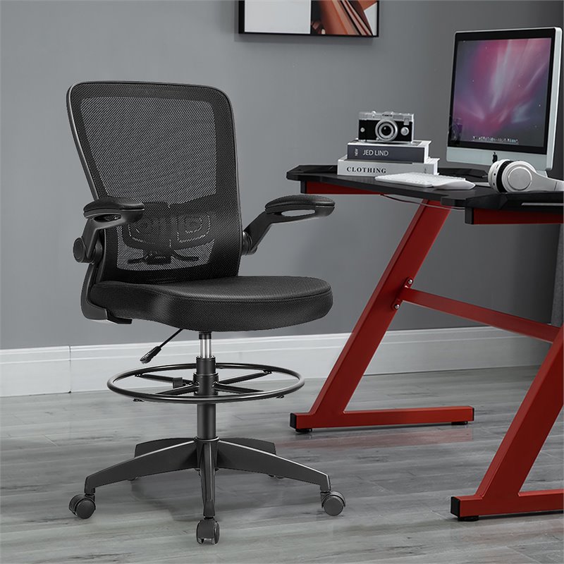 Pemberly Row Sponge Adjustable Height Drafting Chair w/ Lumbar Support in Black
