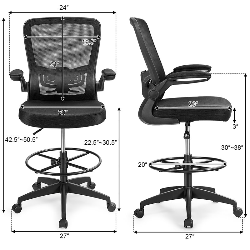 Pemberly Row Sponge Adjustable Height Drafting Chair w/ Lumbar Support in Black