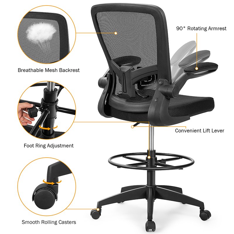 Pemberly Row Sponge Adjustable Height Drafting Chair w/ Lumbar Support in Black