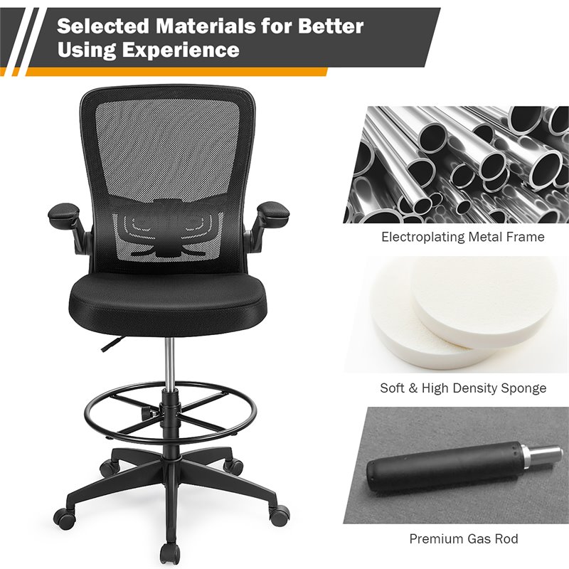 Pemberly Row Sponge Adjustable Height Drafting Chair w/ Lumbar Support in Black