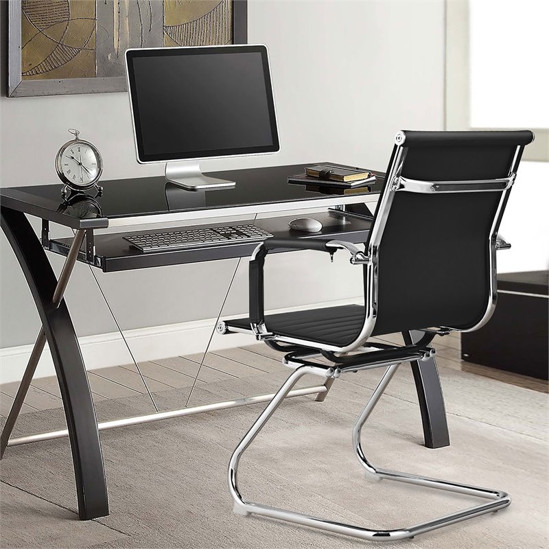 Pemberly Row Iron and PU Leather Office Waiting Room Chairs in Black (Set of 2)