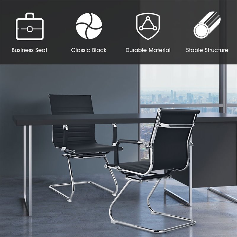 Pemberly Row Iron and PU Leather Office Waiting Room Chairs in Black (Set of 2)