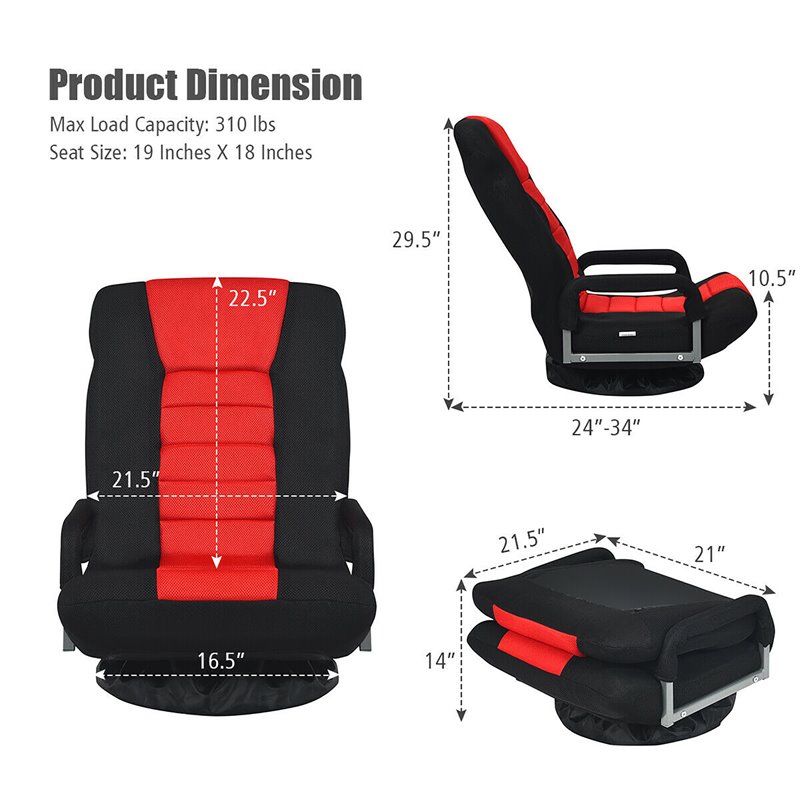 Pemberly Row Swivel Gaming Floor Chair with Foldable Adjustable Backrest in Red