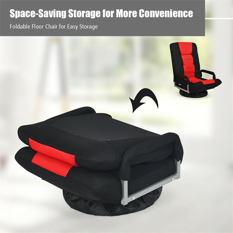 Pemberly Row Swivel Gaming Floor Chair with Foldable Adjustable Backrest in Red