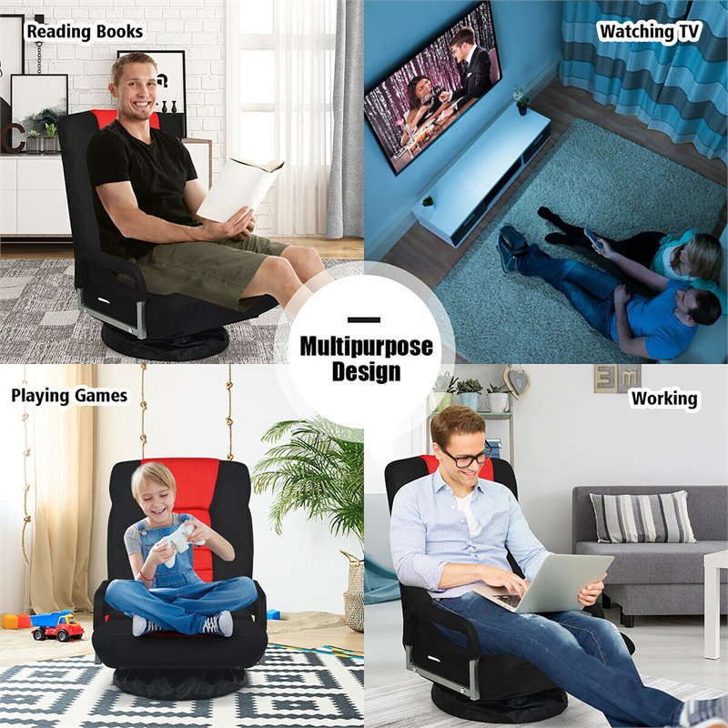 Pemberly Row Swivel Gaming Floor Chair with Foldable Adjustable Backrest in Red