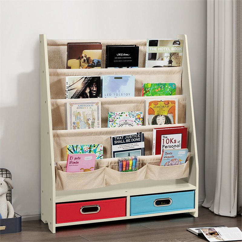 Pemberly Row Kids Book Rack Toys Organizer w/ 4 Sling Bookshelf & 2-Box in Beige
