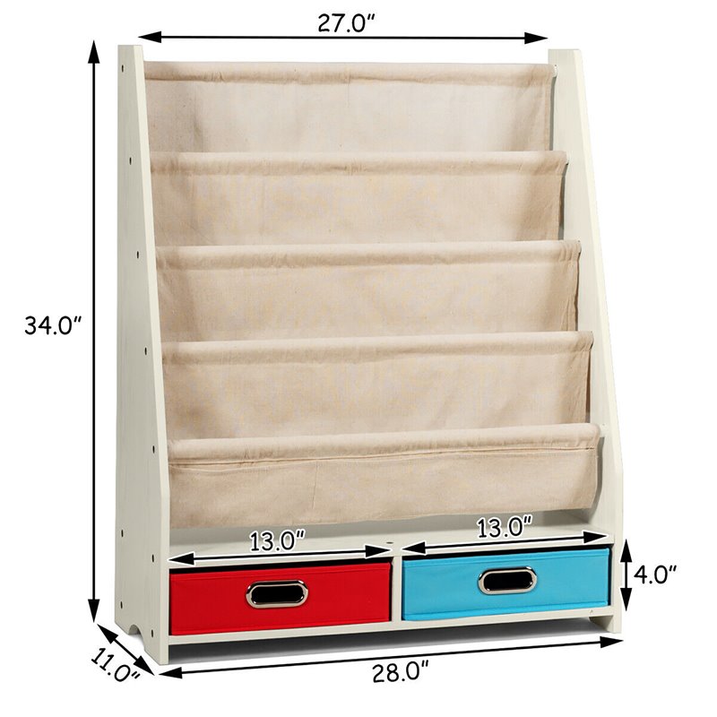 Pemberly Row Kids Book Rack Toys Organizer w/ 4 Sling Bookshelf & 2-Box in Beige